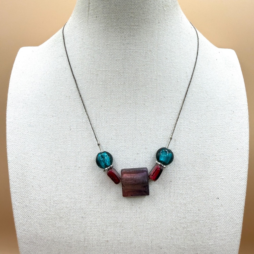 Teal Red Foil Glass Bead Necklace Square Pendant Silver Tone Y2K Statement Gift